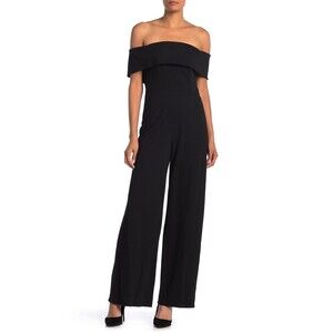 Marina Off-The-Shoulder Bell Bottom Jumpsuit Black Size 6 Made in USA $230
